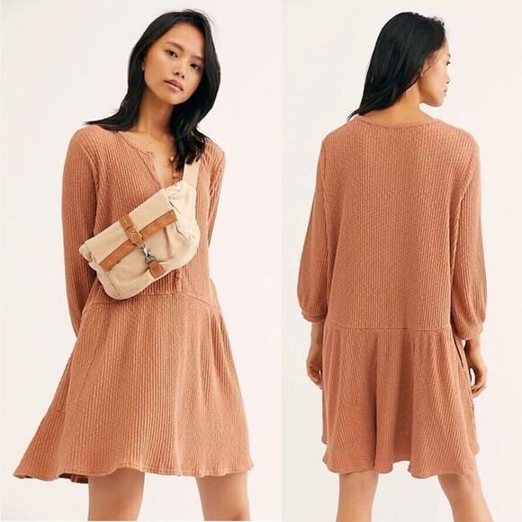 Free People Beach Blossom mini Dress Henley ribbed boho cottage core peach Sz S - Picture 1 of 10